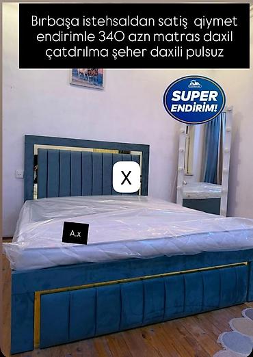 Çarpayılar: Mavi rəngli yumşaq başlıqlı çarpayı dəsti - Material: məxmərə bənzər — 1