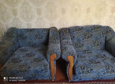синий диван и 2 кресла: Диван-кровать, цвет - Синий, Б/у