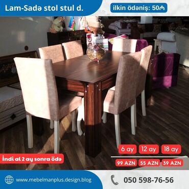 ev üçün stol stul: Qonaq otağı üçün, Yeni, Açılan, Dördbucaq masa, 6 stul, Azərbaycan