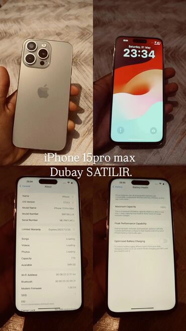 Digər: Dubay iPhone 15pro max Satılır Heçbir problem yoxdu 1ayın telefonudu