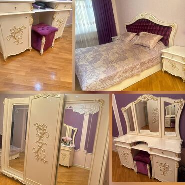 спальная мебель в баку цены: Двуспальная кровать, Трюмо, Шкаф, 2 тумбы, Б/у
