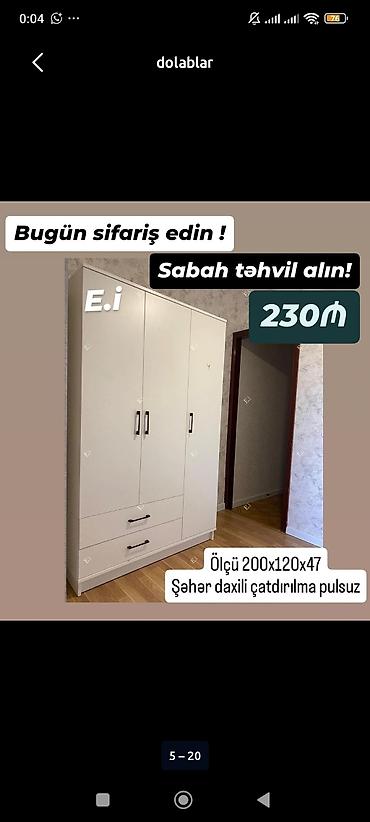 Ağ rəngli 3 qapılı paltar dolabı - Ölçü: 200×120×47 sm (şəkildə
