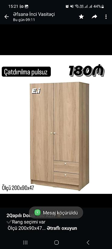 Мебель: *2Qapılı Dolab 180 AZN 💥* ✔️Rəng seçimi var Ölçü 200x90x47 ✔️ *Şəhər — 1