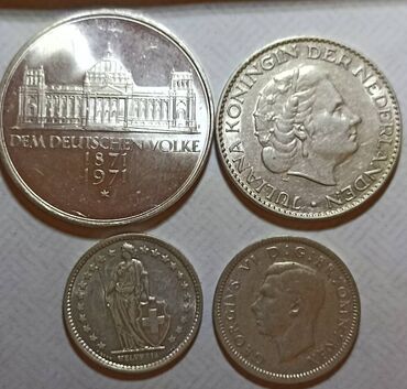 sikkeler: 1)Германия (ФРГ) 1971 5 марок. 100 лет Объединения Германии. Серебро
