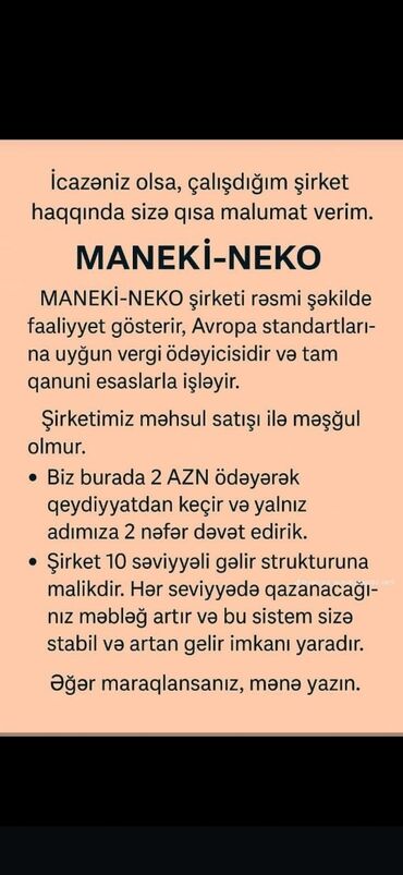 Tibb, əczaçılıq: MANEKI NEKO – onlayn gəlir platforması - Rəsmi fəaliyyət göstərən