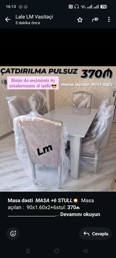 Sifarişlə taburetkalar: *Masa dəsti* _*MASA +6 STULL💥*_ Masa açılan : 90x1.60x2+6stul