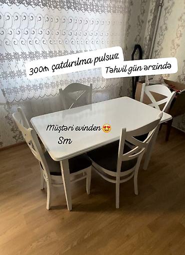 metbex stul: Ağ rəngli yemək otağı dəsti: - Dördkünc, parlaq üstlü masa - 4 ədəd — 1