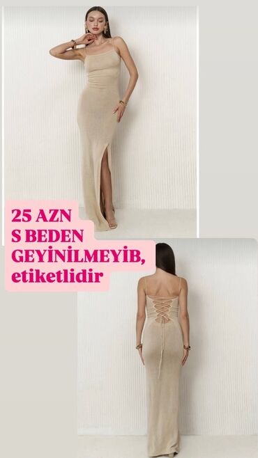 elif hicab instagram: Bej rəngli, nazik spaghetti askılı uzun paltar. Bədənə oturan siluet