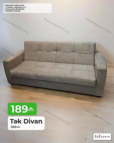 yığma divan: Tək divan – 200 sm - Mexanizm: açılan, bazalı (yataq funksiyalı, alt — 1