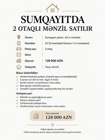 baki ev elanlari: Sumqayıt, 2 otaqlı, Köhnə tikili, 55 kv. m — 1