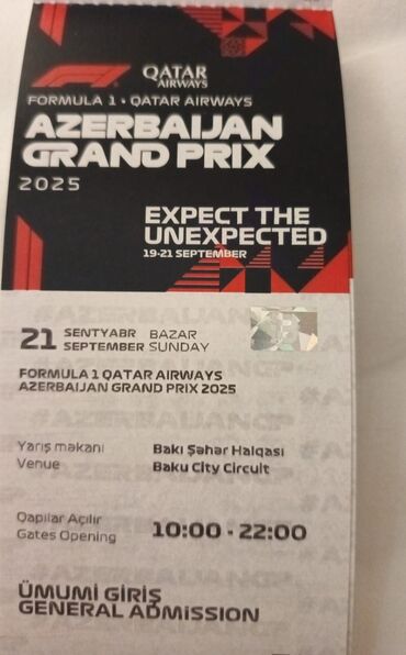 Nərdlər: Məhsul: Formula 1 Qatar Airways Azerbaijan Grand Prix 2025 bileti -