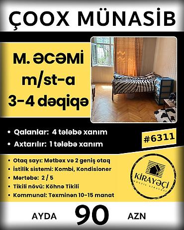 bakida kirayə: M. Əcəmi m/st-a 3–4 dəqiqə məsafədə tələbə xanım üçün yer. - — 1