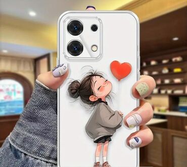 Kabrolar: Telefon üçün şəffaf üzlük, üzərində əlində qırmızı ürək şarı tutan qız