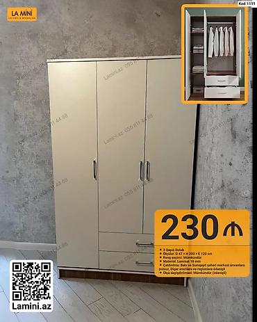 Dolablar: 3 qapılı dolab. Ölçüləri: dərinlik 47 sm, hündürlük 200 sm, en 120 — 1
