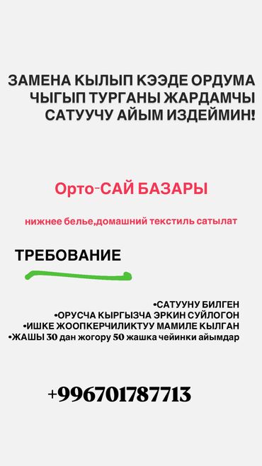 ош базар продавец: РЕАЛИЗАТОР САТУУЧУ АЙЫС ИЗДЕЙМИН! Жумуш всесезонный! Айлык аянаны