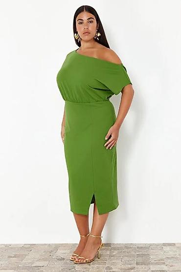qisa donlar: Məhsul: Yaşıl rəngli, tək çiyin kəsimli midi don (plus size) - Stil — 1