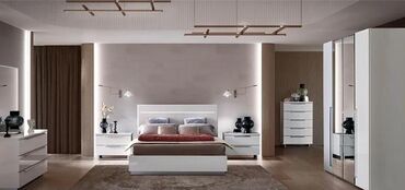 спальня в стиле барокко: Müasir yataq otağı mebel dəsti – ağ parlaq fasadlarla minimalist