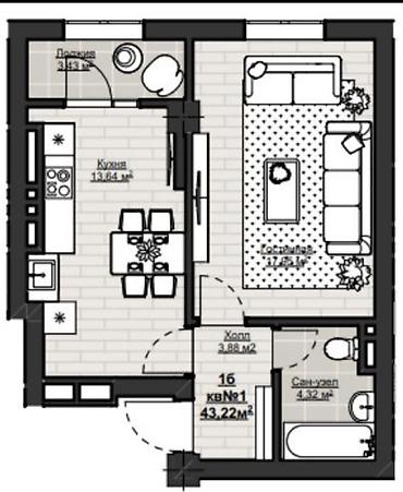санузель: 1 комната, 43 м², Элитка, 6 этаж, ПСО (под самоотделку) — 6