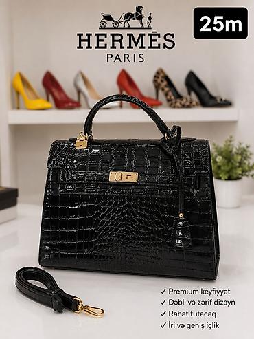 Çantalar: Hermès Paris qadın çantası – 25 sm - Qara, laklı timsah teksturalı — 1