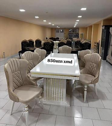 Yemək masası və 6 ədəd stul dəsti - Masa: düzbucaqlı, parlaq ağ səth