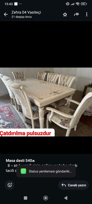 Quruducular: Qonaq otağı üçün, İşlənmiş, Dördbucaq masa, 8 stul