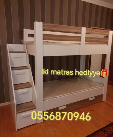 İkimərtəbəli uşaq çarpayıları: Oğlan və qız üçün, Yeni, Çarpayı, Matras ilə, Siyirməli, Laminat — 27