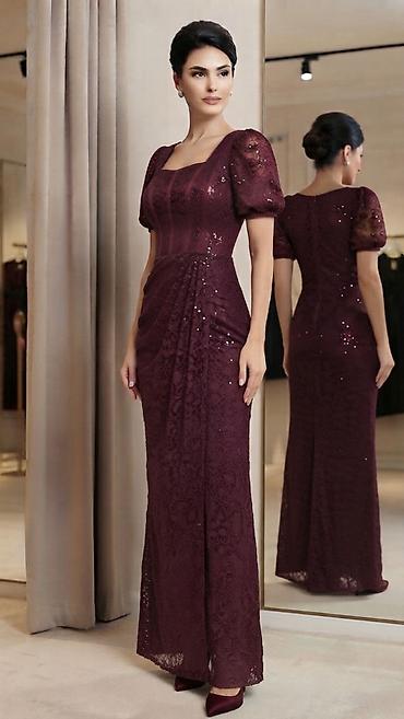 Türkiyədən alınmış, bordo/bənövşəyi rəngdə uzun ziyafət paltarı. -