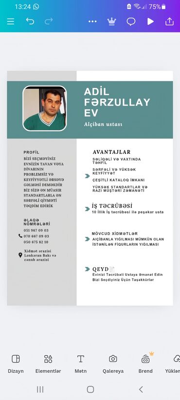Услуги: Alçibanla mövcud olan bütün işlər görülür. 10 ildən artıq iş təcrübəsi