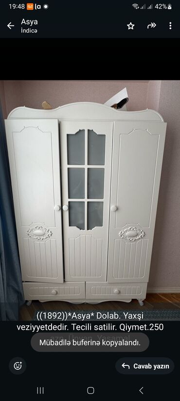 Bağ, çöl masa və oturacaq dəstləri: ((1892))*Asya* Dolab. Yaxşi veziyyetdedir. Tecili satilir. Qiymet.250