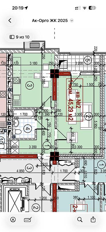 двушки: 1 комната, 45 м², Ак-Орго ж/м Элитка, 6 этаж, ПСО (под самоотделку) — 2