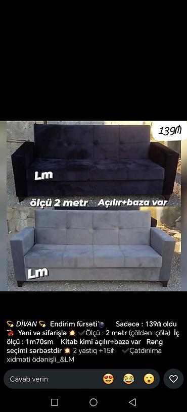 DİVAN - Ölçü: 2 metr (çöldən-çölə), daxili yatma ölçüsü: 1 m 70 sm -
