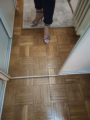 Sandale: Sandale broj 36, braon, platno i cirkoni, štikla 8 cm, jednom nošene — 12