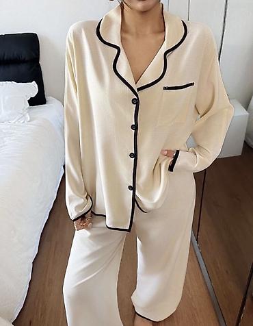 Qadın pijama dəsti - İki hissə: uzunqol düyməli köynək + geniş lalafo.az -da Qadın pijama dəsti - İki hissə: uzunqol düyməli köynək + geniş