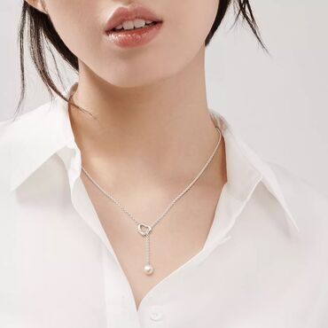 кожанные изделия: Tiffany Ожерелье Открытое сердце в серебре с жемчугом, 7,5-8 мм