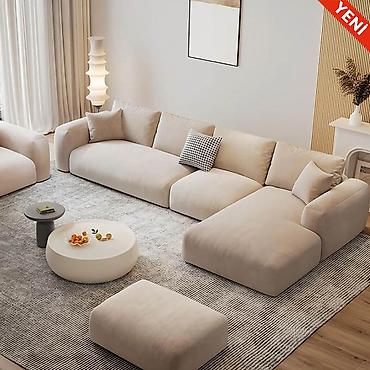 Müasir künc divan dəsti – neytral bej tonlarında, minimal dizaynlı və