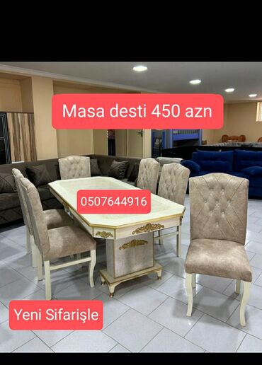 Masa və oturacaq dəstləri: Qonaq otağı üçün, Yeni, Açılan, Dördbucaq masa, 6 stul — 8