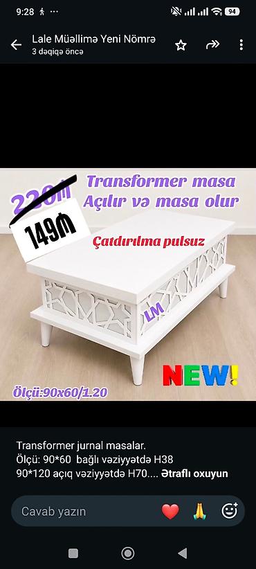 stolar: Transformer jurnal masalar. Ölçü: 90*60 bağlı vəziyyətdə H38 90*120 — 1