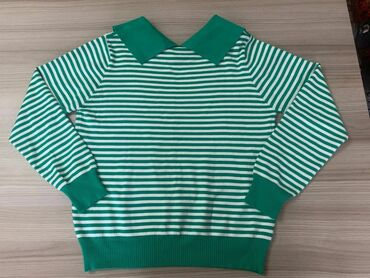 пуловер с косами: Повседневная зеленая кофта в полосочку,размер-стандарт,с