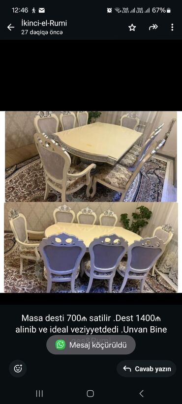Sifarişlə mətbəx mebeli: Masa desti 700₼ satilir .Dest 1400₼ alinib ve ideal veziyyetdedi