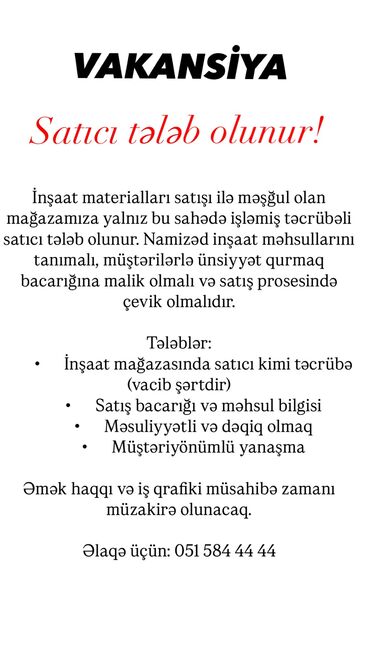 geyim magazasina satici teleb olunur 2024: Satış məsləhətçisi tələb olunur, Yalnız kişilər üçün, 18-29 yaş, 3-5 illik təcrübə, Ayda 2 dəfə ödəniş