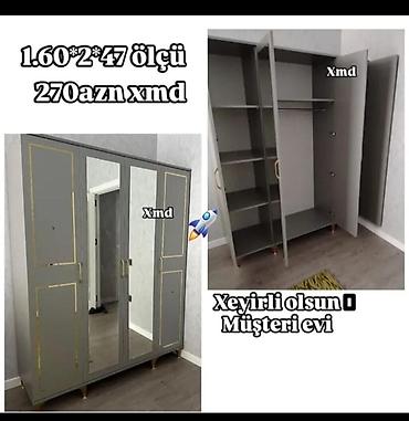 kitab skafi: Yeni, 4 qapılı, Güzgülü, Boz, Taxta, Açılan, Düz dolab — 1