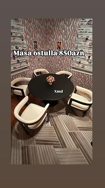 Masalar və oturacaqlar: Masa və 6 ədəd stul dəsti - Dairəvi dizayna malik, tünd rəngli masa - — 1