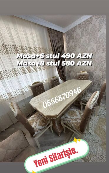 Masa və oturacaq dəstləri: Qonaq otağı üçün, Yeni, Açılmayan, Dördbucaq masa, 6 stul — 3