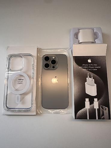 80: IPhone 15 Pro, Б/у, 128 ГБ, Natural Titanium, Зарядное устройство, Защитное стекло, Чехол, 89 % — 1