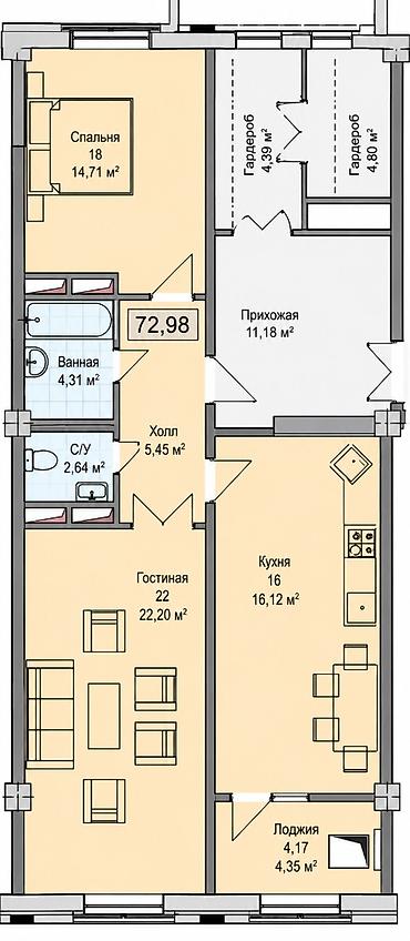 18: 2 комнаты, 73 м², Шлагбаум Элитка, 9 этаж, ПСО (под самоотделку) — 2