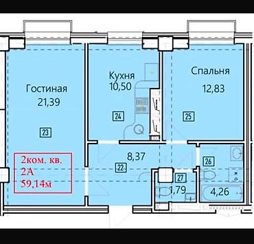 15: 2 комнаты, 59 м², Асанбай мкр Элитка, 4 этаж, ПСО (под самоотделку) — 2