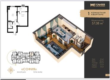 Продажа квартир: 1 комната, 58 м², Элитка, 6 этаж, ПСО (под самоотделку)