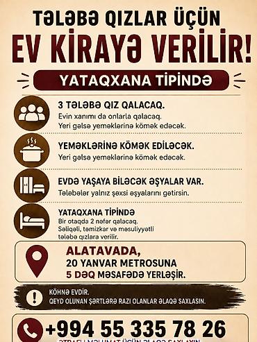 kohne ev: Tələbə qızlar üçün yataqxana tipində kirayə ev. - 3 qız tələbə üçün — 1