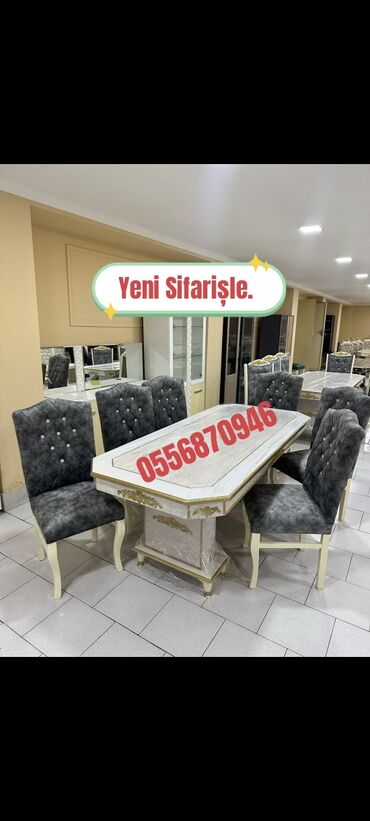 stolu: Qonaq otağı üçün, Yeni, Açılmayan, Dördbucaq masa, 6 stul