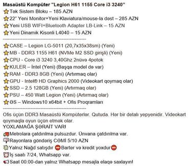 Masaüstü kompüterlər və iş stansiyaları: Masaüstü Kompüter "Legion H61 1155 Core i3 3240” ⭐Tək Sistem Bloku – — 2